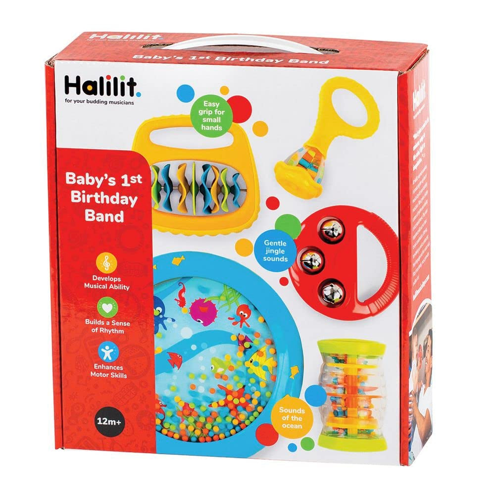 Set cadou instrumente muzicale pentru prima aniversare a bebelușului. Include Ocean Drum, Baby Maraca, Ring My Bell, Rainboshaker & Clip Clap. Jucărie muzicală senzorială pentru bebeluși. Potrivit pentru băieți și fete 12 luni + Jucarii Bebe Naty Shop