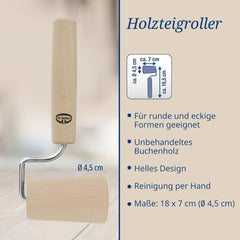 Dr. Oetker Teigroller aus Holz – Teigrolle aus high-quality Buchenholz – Perfekt für round und eckige Formen – approx. 18 x 7 cm, Rolle Durchmesser ca. 4.5 cm