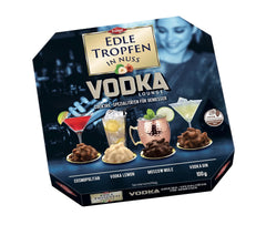 Edle Tropfen in Nuss Vodka Lounge 100g, liquid-filled chocolate pralines with milk chocolate glaze and crunchy pieces of hazelnut
