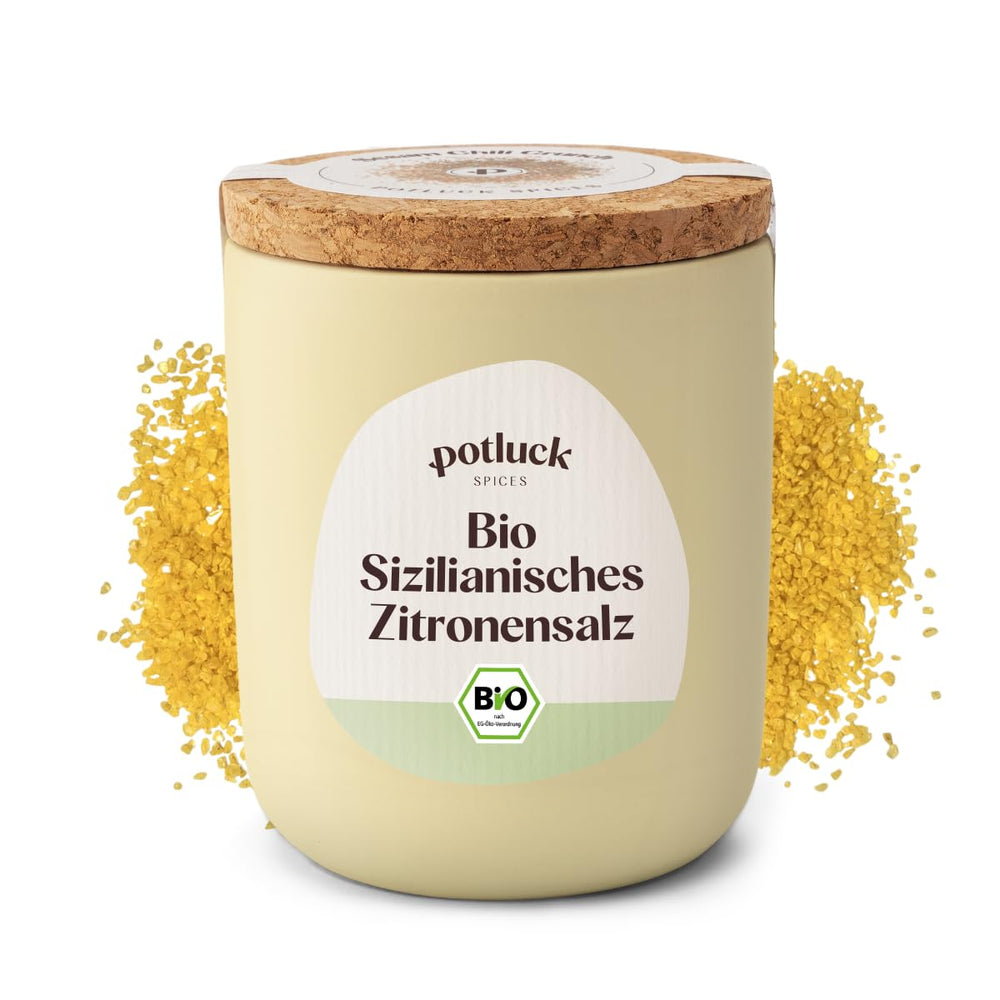 Potluck | Bio Sizilianisches Zitronensalz | Gewürzsalz für Fisch, Meeresfrüchte, Gemüse, Salad und Dressings | 140g in Keramiktopf