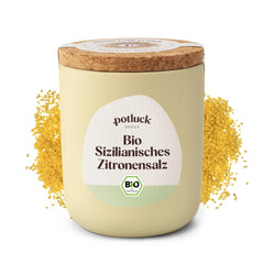 Potluck | Bio Sizilianisches Zitronensalz | Gewürzsalz für Fisch, Meeresfrüchte, Gemüse, Salad und Dressings | 140g in Keramiktopf