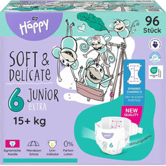 Bella Baby Happy Premium Diapers, Size 6, Junior Extra, 15+ kg, 96 pieces, DERMATEST and OEKO-TEX Seal, Disposable Baby Diapers