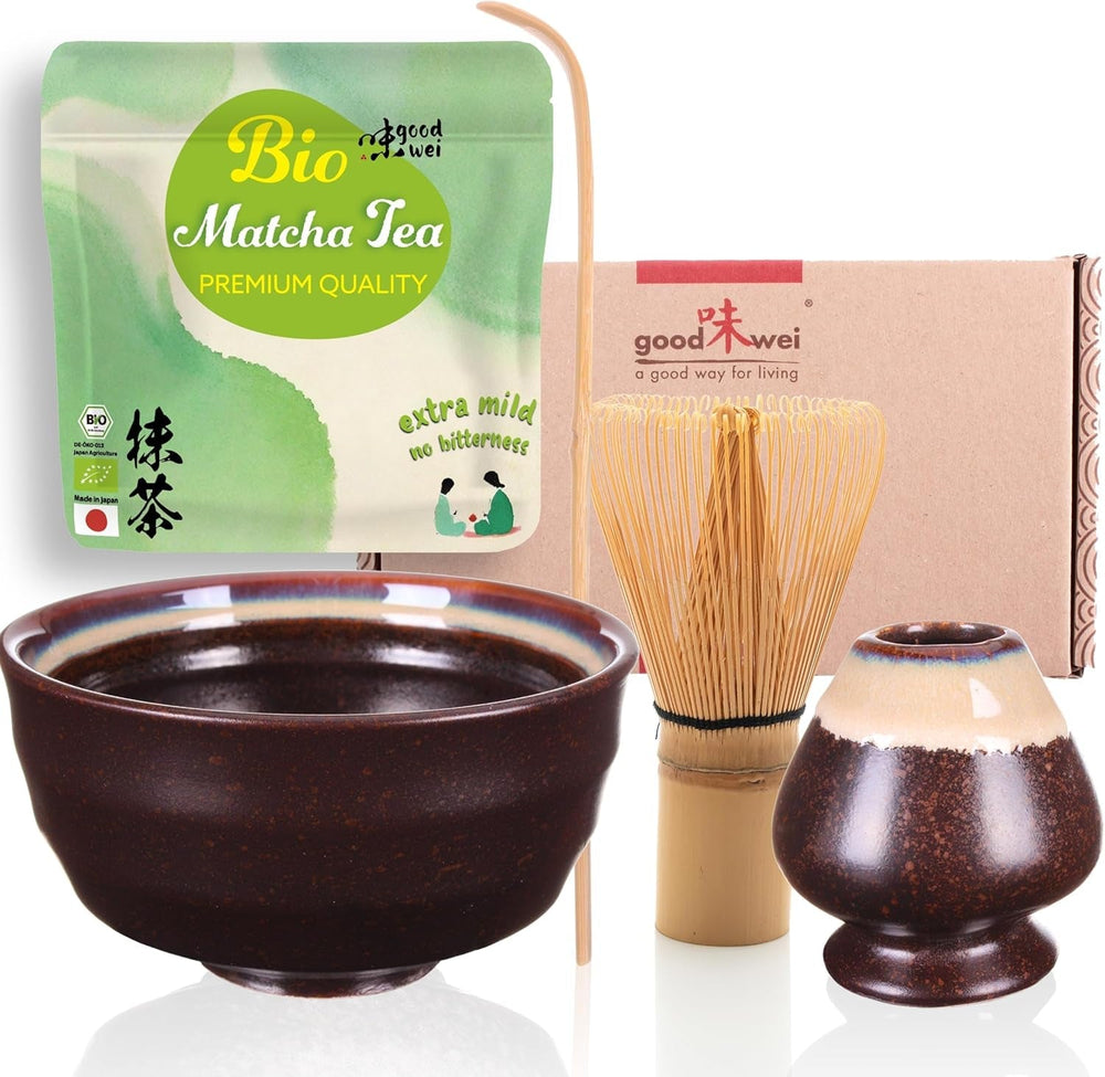 Set Goodwei Matcha cu tel pentru matcha, bol pentru matcha, suport pentru tel din ceramicÄ Èi ceai matcha organic din Japonia | Set cadou (Kumo)