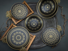 CreaTable, 23588, seria MANDALA GOLD - Negru, set de veselă cu 12 piese, set de farfurii din gresie, potrivit pentru mașina de spălat vase și cuptorul cu microunde, producție de calitate