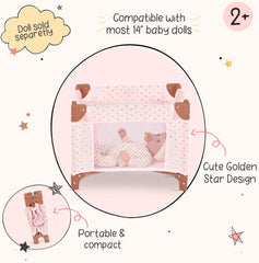 LullaBaby - Baby Puppen Laufstall - Faltbarer Puppen Laufstall in Rosa - Goldener Stern - Druckdesign - 36 cm Baby Puppe Kinderzimmer Zubehör - Vorgetäuschtes Spiel - Spielzeug für Kinder ab 2 Jahren