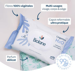 BIOLANE - Baby wet wipes with water - 225 wipes - 3 x 75 pieces - Gentle and effective cleaning - From birth - French quality
