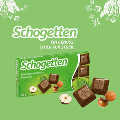 Schogetten Premium Alpine Milk Chocolate with Hazelnuts, 100g chocolate bar, individually portioned. A delight. Piece by piece.