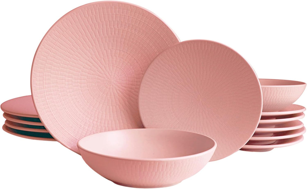 Set de veselă vintage ECHTWERK, 12 piese, design natural „Blanka”, pentru 4 persoane, set elegant de veselă din gresie texturată cu 4 farfurii de cină, 4 farfurii laterale, 4 farfurii de sumă, roz
