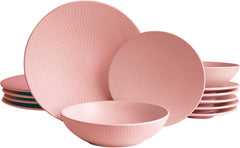 Set de veselă vintage ECHTWERK, 12 piese, design natural „Blanka”, pentru 4 persoane, set elegant de veselă din gresie texturată cu 4 farfurii de cină, 4 farfurii laterale, 4 farfurii de sumă, roz