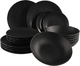Set de veselă din ceramică fină, negru mat - 18 piese - Set de veselă pentru 6 persoane, inclusiv farfurii pentru tort, farfurii pentru cină, farfurii pentru sumă - Se poate spăla în mașina de spălat vase