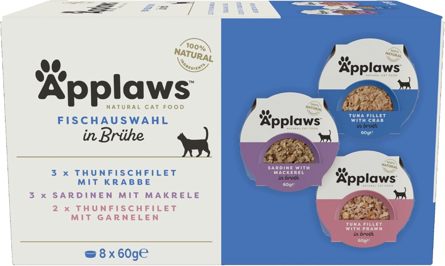 Applaws 100% hrană umedă naturală pentru pisici, file de ton cu creveți în oală cu bulion, 60G (10 X 60G)