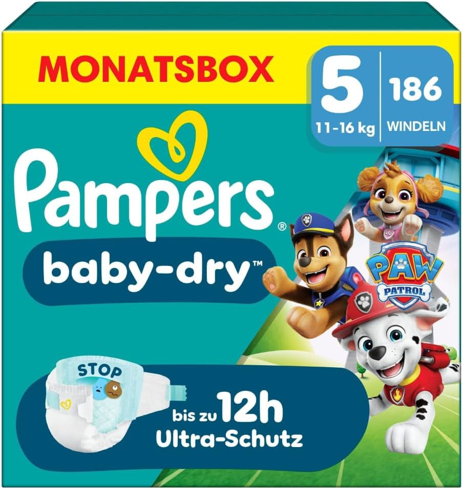 Pampers Baby-Dry Puppy Patrol Edition Diapers, Size 5, 186 Diapers, 11kg - 16kg, Up to 100% Leak Protection and All-Night Comfort