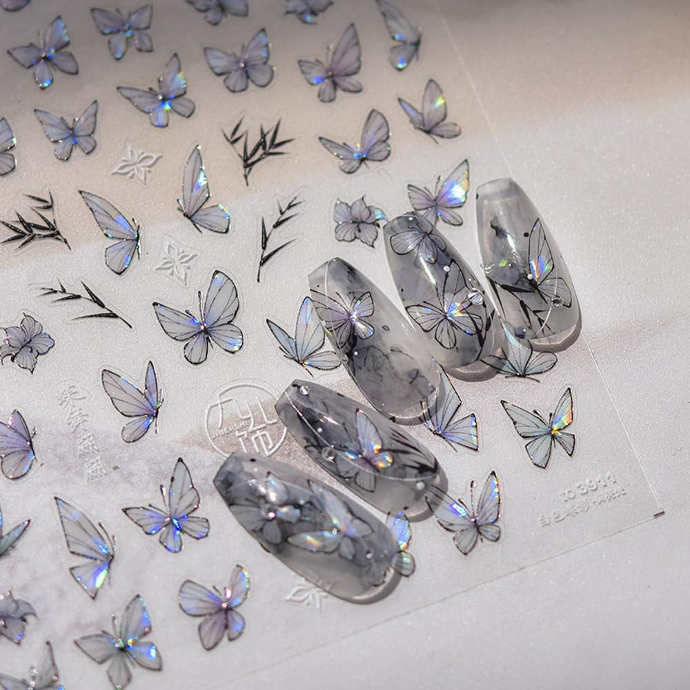 2 Blätter Schmetterling Nagelsticker Selbstklebend,Muschel Glitzer Nail Art Butterfly Nail Sticker Lila Grau Schmetterlinge Nagelaufkleber Relief Laser Butterflies Nagel Sticker Nageldesign Zubehör