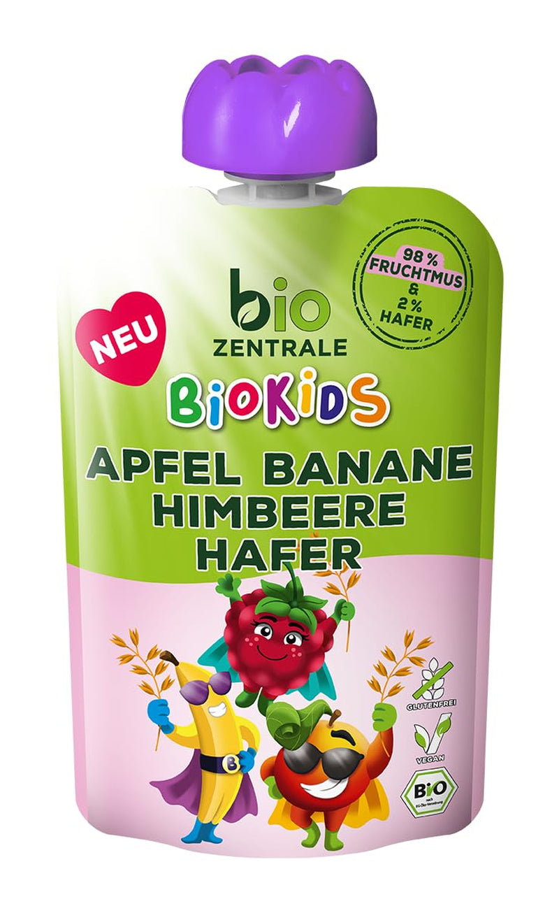 biocentral BioKids Fruit puree Apple Banana Raspberry Oats | 12 x 90g | Fruity snack without added sugar | Vegan