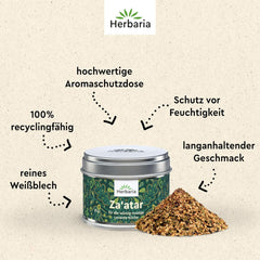 Herbaria Za'atar bio 25g S-Dose – Zaatar Gewürz, Zaatar Gewürz - oriental Organic-Gewürmischung für Gerichte der Levante Küche - mit erlesenen Ingredient - in nachhaltiger Aromaschutz-Dose
