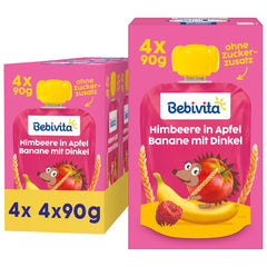 Fruit, raspberry, apple, banana and spelled squeezable sachets - 16 pieces (pack of 4, 4 x 90g each), no added sugar, made from soft fruit and wholesome grains, ideal for take-away snacks and self-consumption