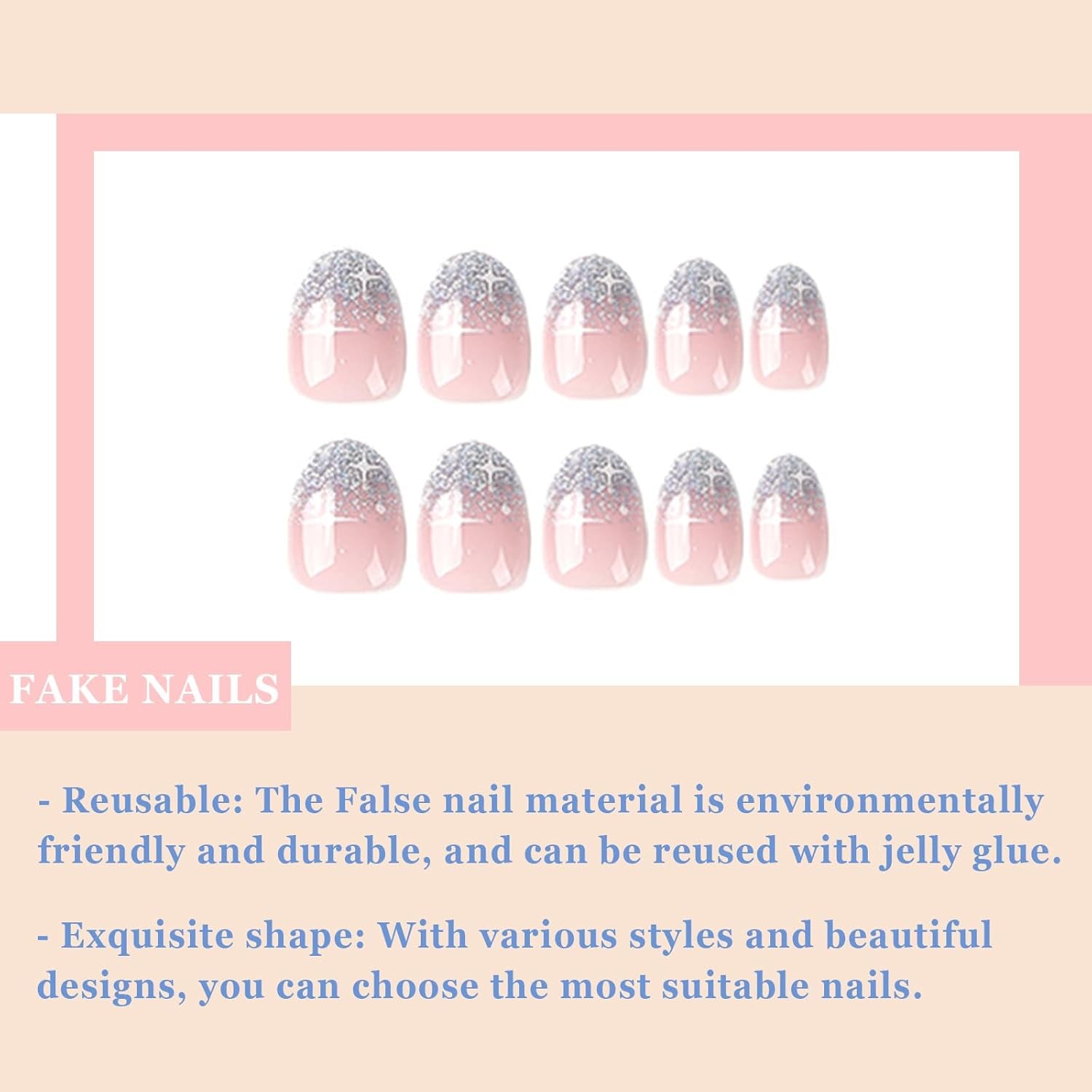 24 bucăți unghii French Press pe unghii, scurte, argintii strălucitoare, cu design, unghii artificiale ovale, unghii de lipit pe unghii acrilice lucioase, unghii false pentru femei și fete