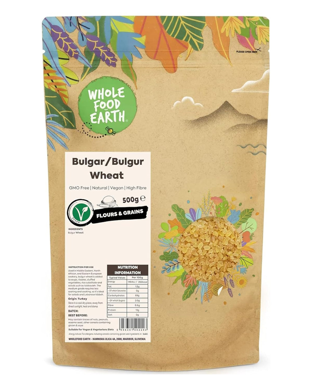 Wholefood Earth wheat bulgur - non-GMO - natural - vegan - dairy-free - no added sugar, 500g