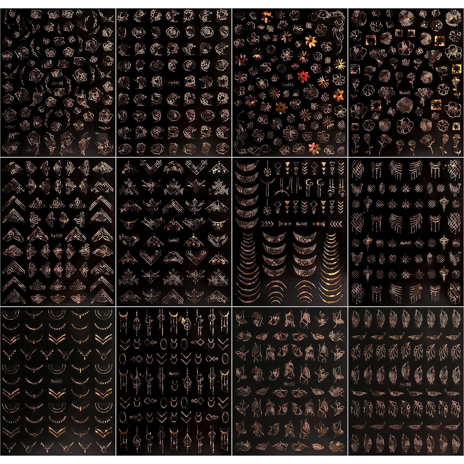 JMEOWIO Nagelsticker Frühling Blume 12 Blatt Nail Art Sticker Selbstklebend Nagelaufkleber Sommer Blumen Gold Dekoration Nageldesign Zubehör