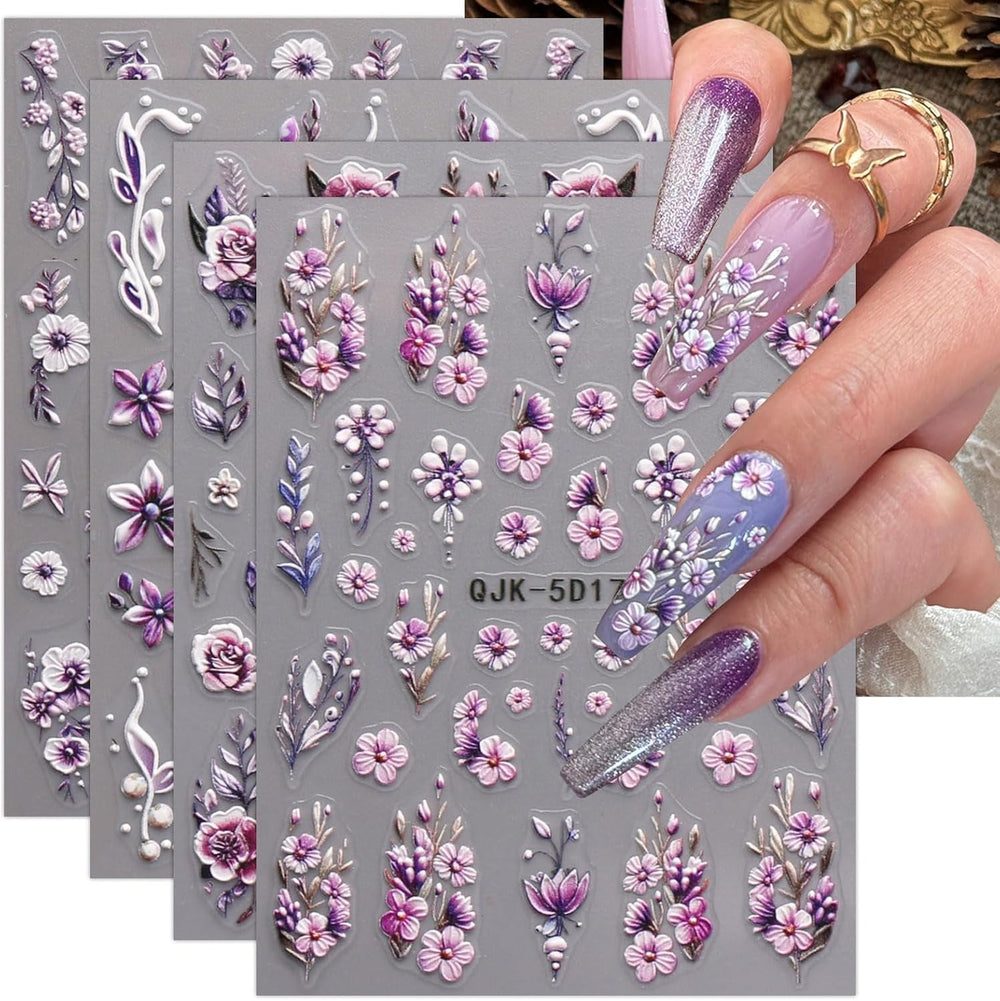 JMEOWIO 3D Nagelsticker Blumen Nail Art Sticker Selbstklebend Nagelaufkleber 5D Stereoskopisch Frühling Sommer Dekoration Nageldesign Zubehör 4 Blatt