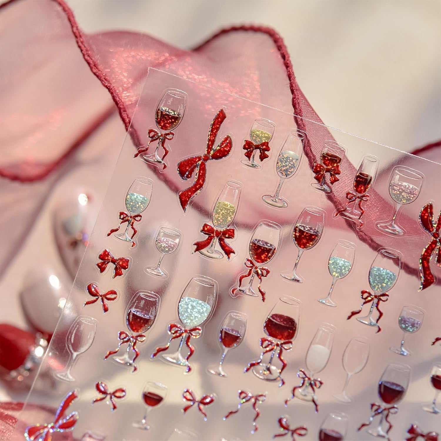 JMEOWIO 3D Nagelsticker Roter Kelch Mit Schleife Nail Art Sticker Selbstklebend Nagelaufkleber 5D Stereoskopisch Dekoration Nageldesign Zubehör 1 Blatt