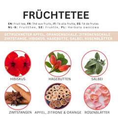 Ceai de fructe โ 100 g Amestec aromat de fructe cu mere, hibiscus ศi scorศiศoarฤ โ Pungฤ cu fermoar, aproximativ 25 de ceศti โ Fฤrฤ aditivi, ambalat รฎn Germania