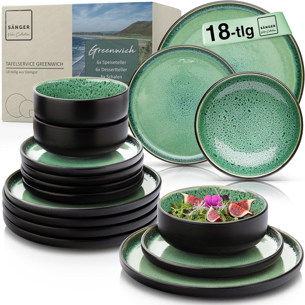 SÄNGER Greenwich | Set de veselă din gresie, 18 piese, Set de farfurii pentru 6 persoane, Set de veselă (6 farfurii de cină, 6 farfurii de desert, 6 boluri), Verde, Rezistent la zgârieturi, Veselă | COLECȚIA VALUE