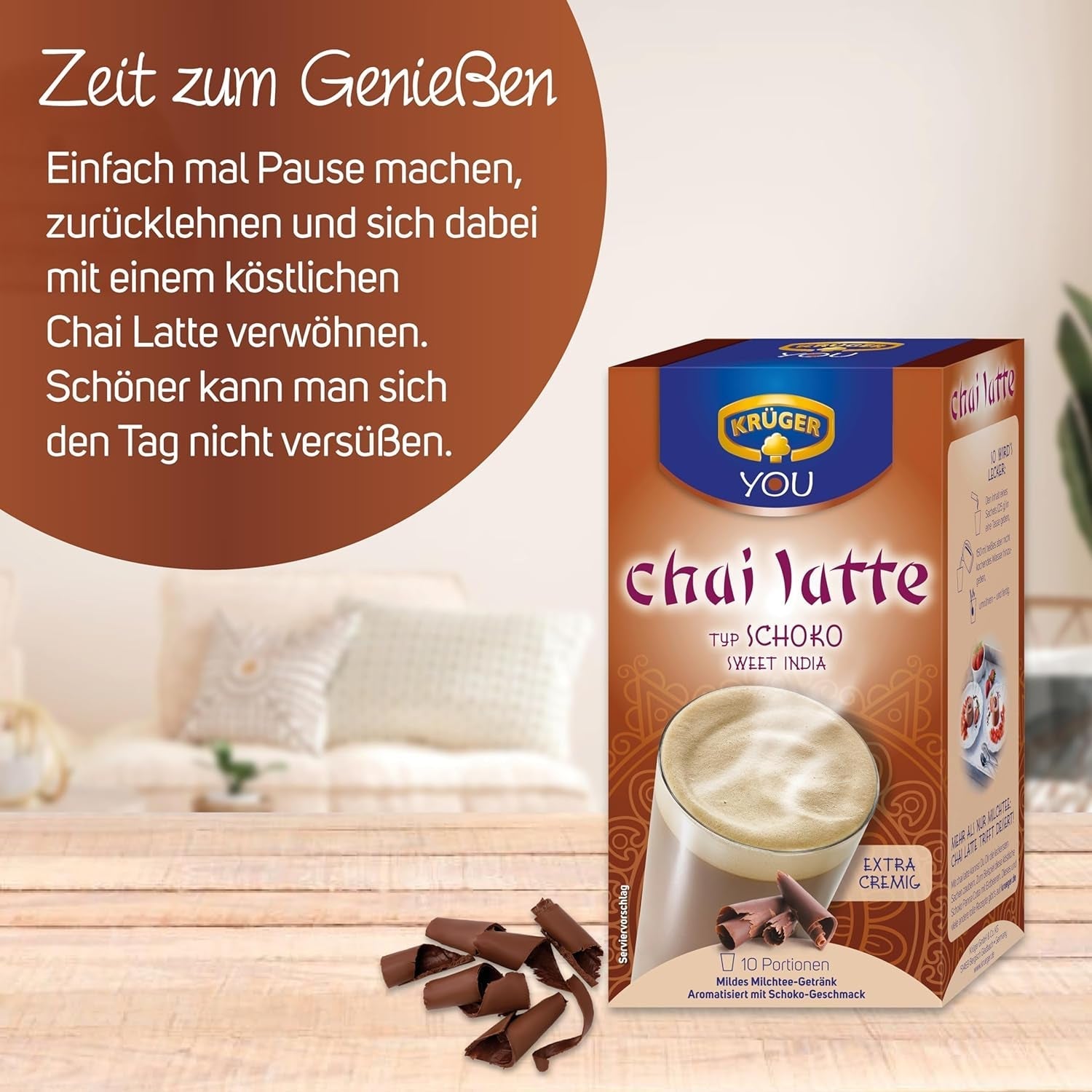 KRÜGER YOU Chai Latte Ciocolată, preparat instant pentru băuturi cu lapte, aromatizat cu ciocolată, 250 g (10 pliculețe de 25 g)