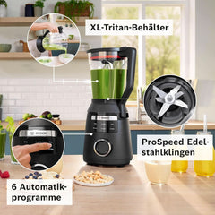 Highspeed-Standmixer Vitapower Serie 6 MMBD665B1, 45.000 U/Min, 6 Programme Inkl Heiße Suppe & Reinigung, 2 L Mixbehälter, Stopfer, Spülmaschinenfeste Teile, Made in Europe, 1800W, Schwarz Bucatarie Naty Shop