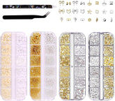 Set de 4 cutii pentru brelocuri pentru unghii - 48 de tipuri de brelocuri 3D aurii și argintii pentru unghii (fluturi, flori, perle etc.) + pensetă și stilou - pentru unghii cu gel și acrilice DIY | Ideal pentru salon de unghii și acasă