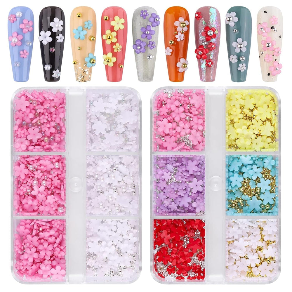 Kalolary Flori Nail Art Talismani, Flori Acrilice 3D pentru Unghii Ornamente Florale cu Cinci Petale Pietre PreÈioase pentru Unghii Strasuri pentru Unghii MÄrgele Metalice Mixte pentru Design Nail Art DIY ConfecÈionarea Bijuteriilor (2 Cutii)