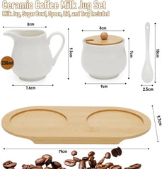 Milch und Zucker Set mit Deckel und Löffel, 5-teilig Keramik Milchkännchen und Zuckerdose mit Holz Tablet,Milch- & Zuckerbehälter für Küche Kaffee Mikrowellen- und Spülmaschinenfest (Weiß)