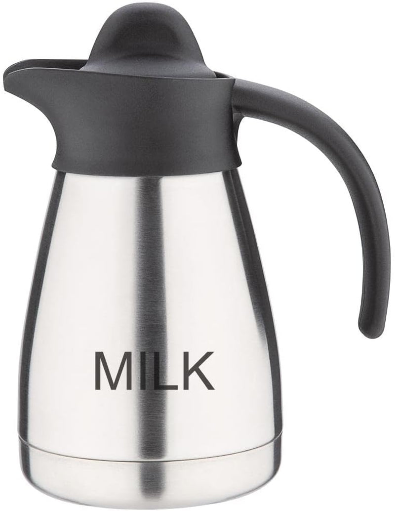 Cană de lapte vidată Olympia cu capac cu filet, 500 ml/17 oz, oțel inoxidabil cu capac negru, imprimeu cu lapte pe lateral, stații de bufet pentru ceai și cafea, CL371