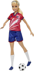 Seria Barbie You Can Be Anything, Jucătoare de fotbal, Jucătoare de fotbal cu păr blond, Tricou roșu și albastru, Minge, Accesorii, Păpușă inclusă, Cadou pentru copii cu vârsta de 3 ani și peste, HCN17