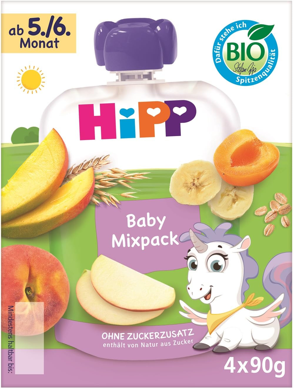 HiPP Organic Squeeze Pouches, Mixed Pack, 16 Pieces (4 Packs of 4 x 90g Each), For Babies 5/6 Months, Four Delicious Flavors, No Added Sugar, Best Organic Quality