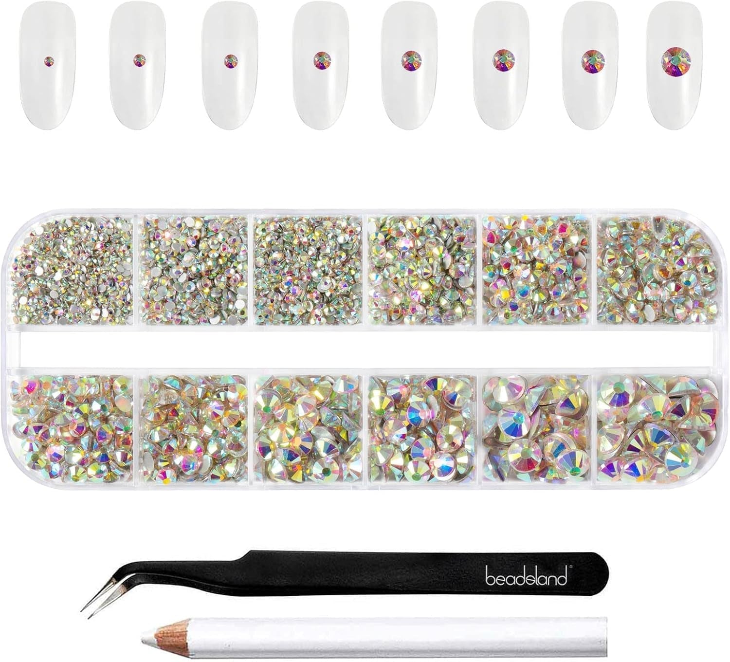 Beadsland 2500Pcs Glas Nailart Strasssteine Kristall Flatback Edelsteine Runde, Für Handwerk Gemischt 8 Größen SS4 ~ SS30 Mit Picking Pinzette Und Stift (Kristall Weiss)