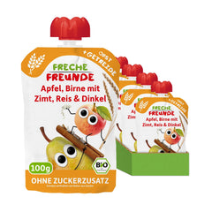 FRECHE FREUNDE Organic Squeezable Fruit Pouch Apple Cinnamon Pear Rice Spelled Fruit Puree with Cereal for Babies 6 Months+ Vegan 6 Pack (6 x 100g)
