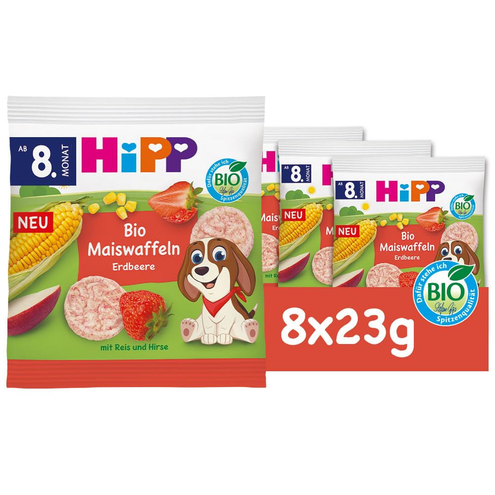 HiPP Organic Corn Waffles with Strawberries (8 x 23g), snack for babies from 8 months, sweetened only with fruits and vegetables, gluten-free, best organic quality