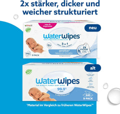 WaterWipes Sensitive+ Wet Wipes for Newborns and Babies, 540 Pieces (9 Packs), 3-in-1 Cleaning, Care, Protection, 99.9% Water, Fragrance Free