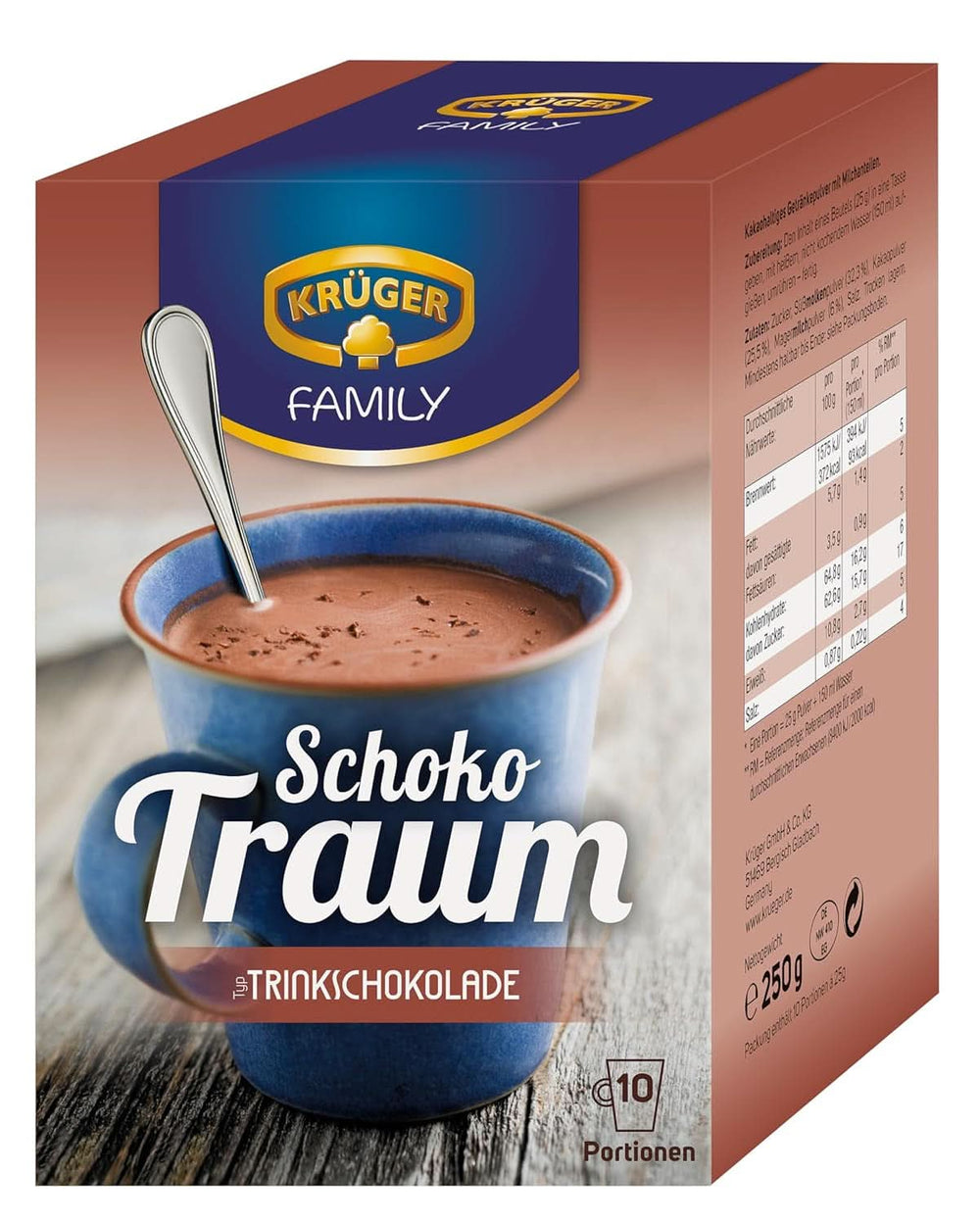 KRÜGER Family, Cocoa powder for hot chocolate, 8 boxes x 10 sachets, 8 x 250 grams Cocoa and Hot Chocolate Naty Shop