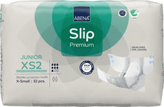 Scutece Slip Premium Junior, etichetate ecologic, protecție îmbunătățită împotriva scurgerilor, scutece sigure și confortabile pentru copii – Mărimea 7/XS2, circumferința taliei 40–60 cm, vârste 5–15 ani, 1 x 32 bucăți