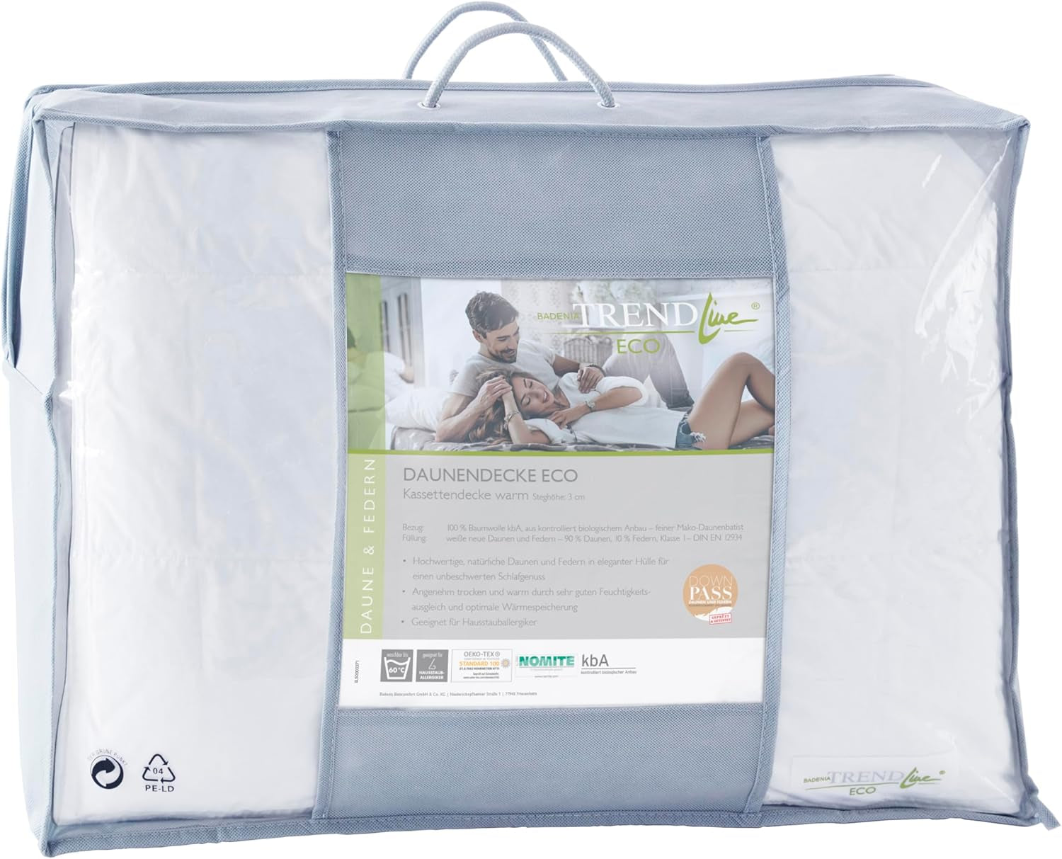 Badenia Trendline Eco plapumă caldă cu 90% puf și 10% pene clasa I, 135 X 200 cm, alb, certificat Öko-Tex, produs în conformitate cu standardul de calitate german Plapumi si pilote Naty Shop