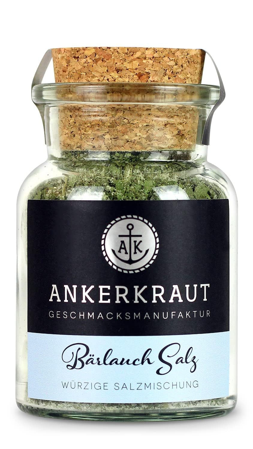 Ankerkraut Bärlauch Salz, Lecker Fleisch und Salat Verfeinern, Knoblauch-like Gesmack Aroma, Kräuter mit Gewürz zum Kochen, 110 g im Corkenglas