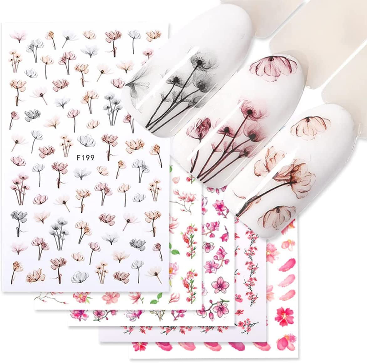 JMEOWIO Nagelsticker Frühling Blume 9 Blatt Nagelaufkleber Selbstklebend Rosa Blüte Nail Art Sticker Dekoration Nageldesign Zubehör