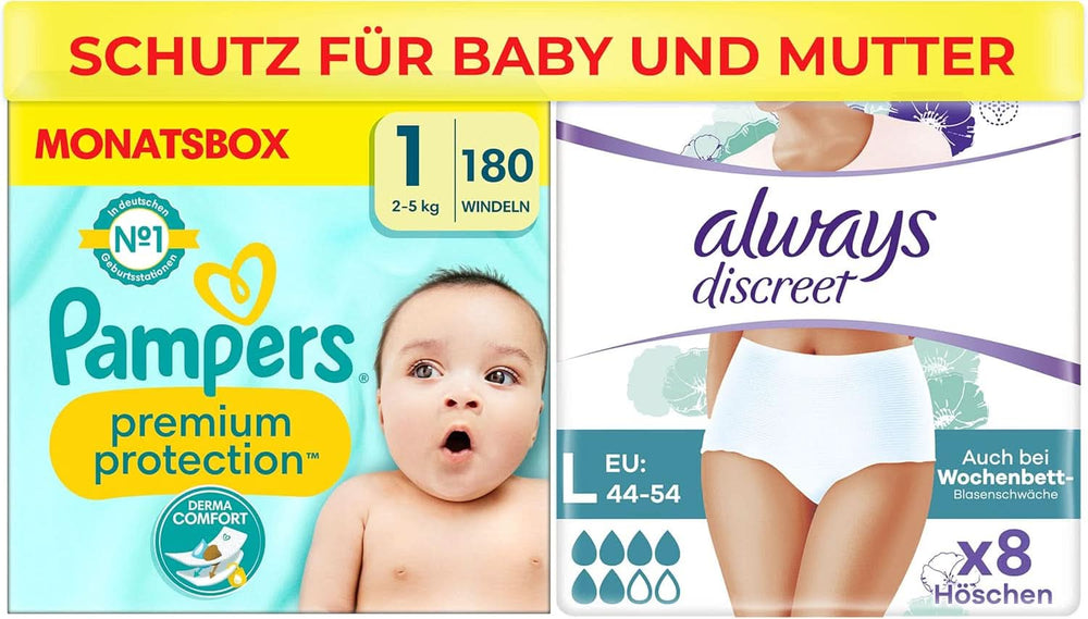 Pachet Pampers Marimea 1 (nou-nascut) si Always Discreet L, chiloti unica folosinta pentru mamici, incontinenta si postpartum Mama si Copilul Naty Shop