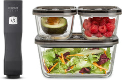 Set Caso Vacu OneTouch Eco, sigilator manual de vid, inclusiv 3 recipiente de vid din sticlă și VacuBoxx Eco-Duo S - recipient de prospețime în vid / 2 recipiente cu 500 ml fiecare Cutii depozitare alimente Naty Shop