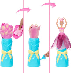 Barbie Petal Pop Duftende Puppe in rosa Tulpenkleid mit Zubehörteilen, Blumenstrauß-Überraschung mit Häschen und Überraschungen wie Einer Gießkanne, Halskette und Ohrringen, JMF57