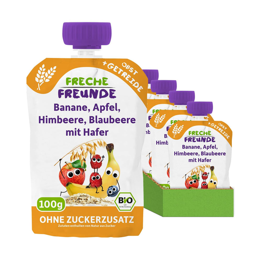 FRECHE FREUNDE Organic Fruit Pouch Banana, Apple, Raspberry, Blueberry with Oats, Fruit Puree with Cereal in a Squeezable Pouch for Babies from 6 Months, Vegan, Pack of 6 (6 x 100g)
