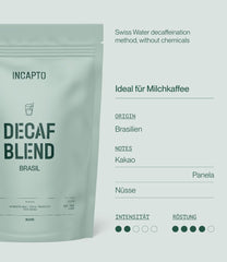 Incapto Ganze Entkoffeinierte Kaffeebohnen | Ohne Chemikalien | Mischung aus 100% Arabica-Kaffee aus Brasilien | Ungemahlen Espresso Bohnen | Swiss Water Decaf Coffee, Packung 500g