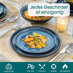 Set de veselă pentru 6 persoane, set de veselă din gresie Vancasso PLAYA, 24 de piese pentru 6 persoane, albastru, inclusiv farfurii, farfurii de sumă, boluri și farfurii de salată, potrivit pentru mașina de spălat vase și cuptorul cu microunde